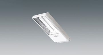 Eine weiße LED-Industrieleuchte mit rechteckigem Gehäuse vor grauem Hintergrund.